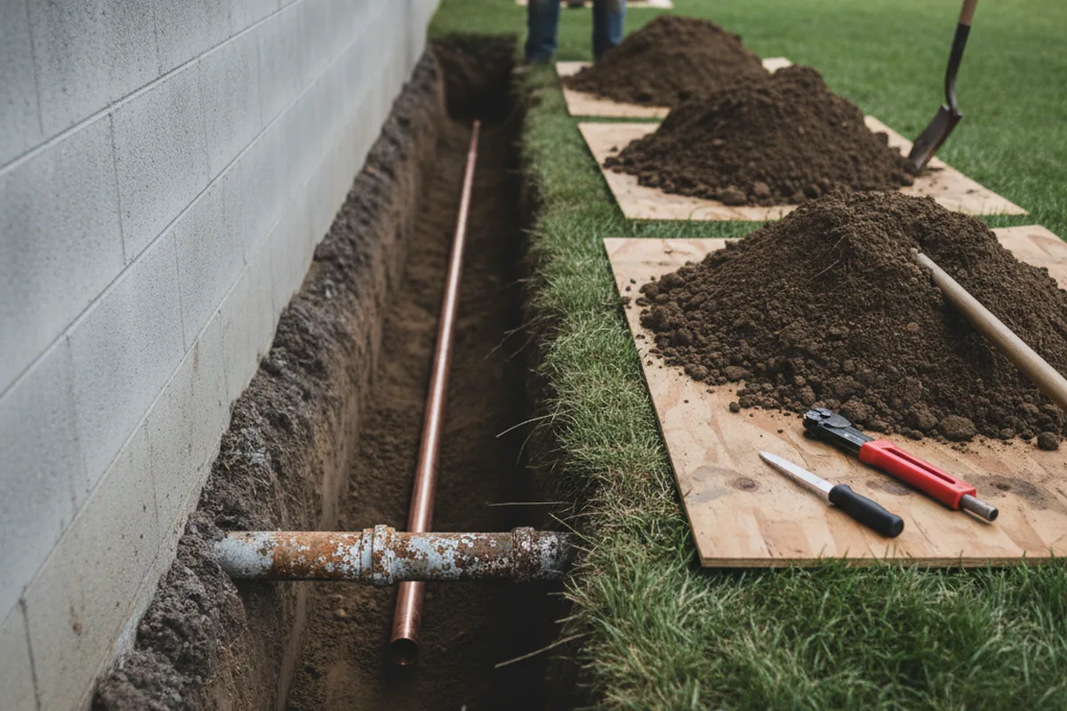 Excavated water line trench during Water Heater Repair in Waldwick